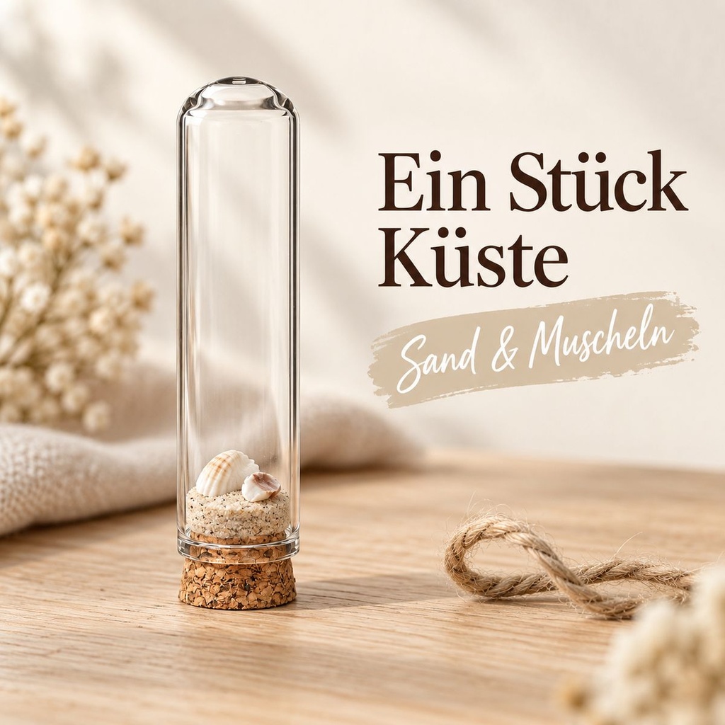 Glasdom Mini, Ø2 ×7 cm – mit hellem Sand und kleinen Muscheln auf Eichenholz