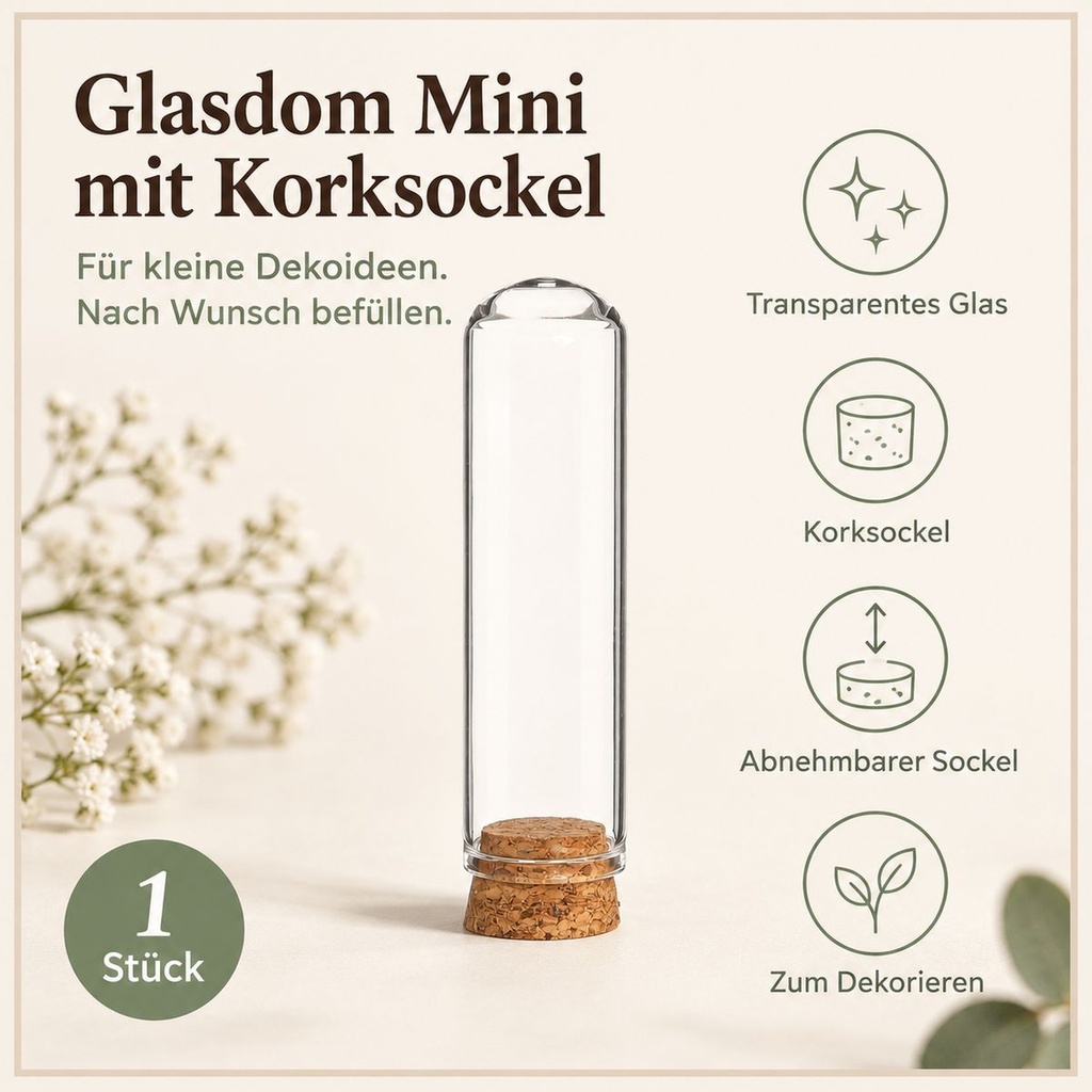 Glasdom Mini, Ø2 ×7 cm – transparentes Glas und abnehmbarer Korksockel im Überblick