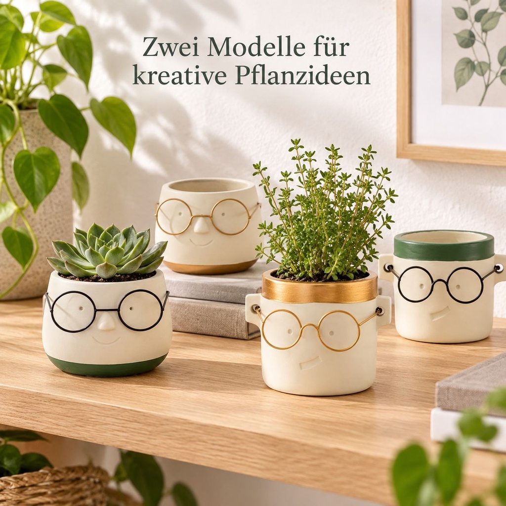 zwei Farben acht Groessen Blumentopf mit Gesicht und Brille