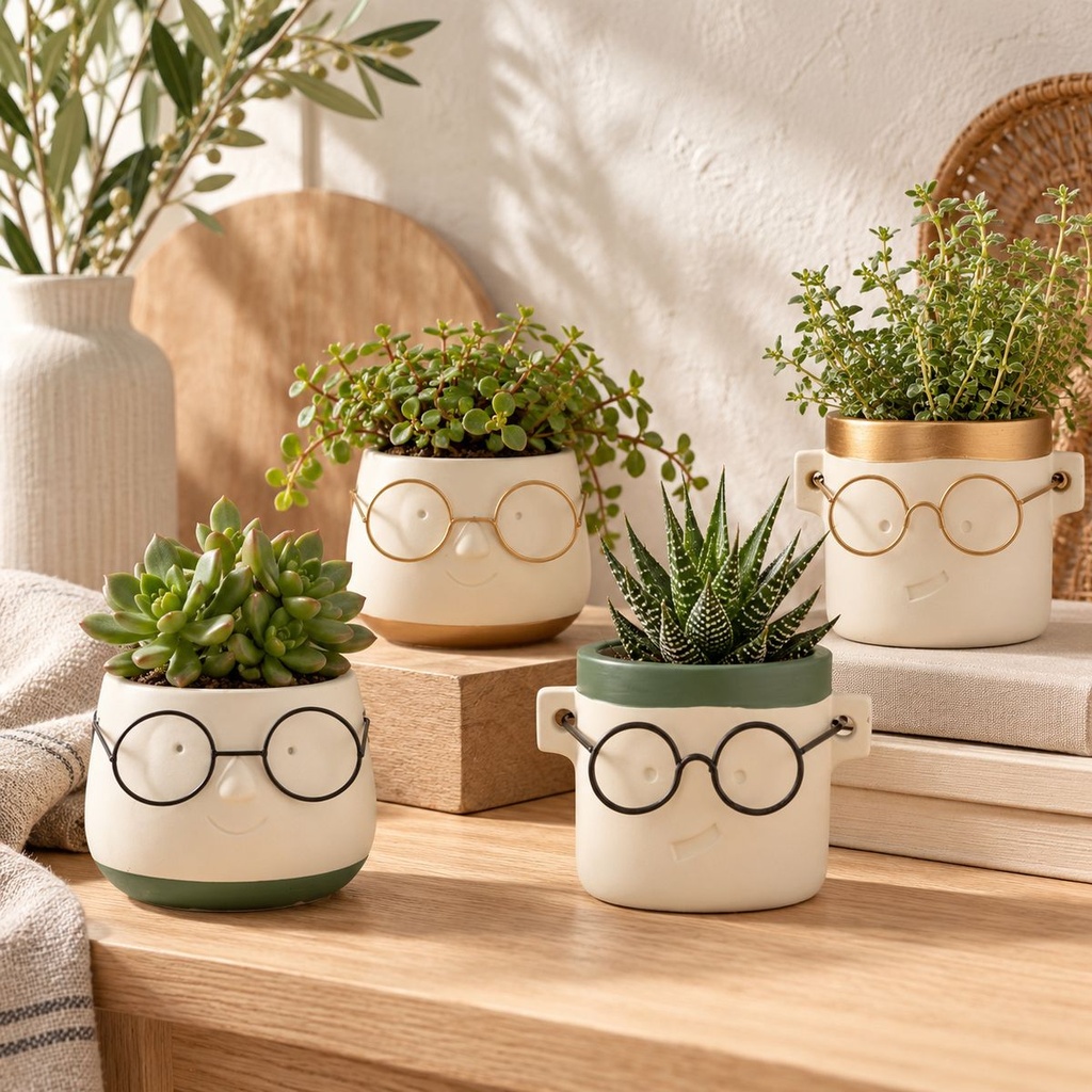 zwei Farben acht Groessen Blumentopf mit Gesicht und Brille