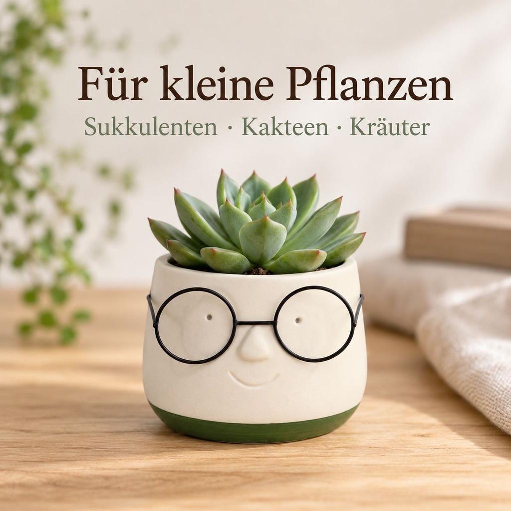 Blumentopf mit Gesicht und Brille Grün, Grün, Ø 8.5 cm, H 6.5 cm – im Einsatz