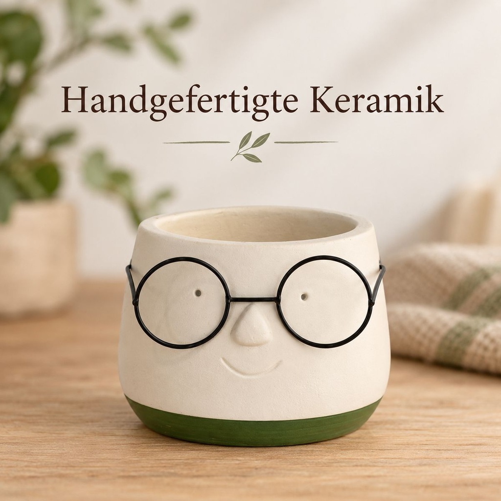 Blumentopf mit Gesicht und Brille Grün, Grün, Ø 8.5 cm, H 6.5 cm – Nahaufnahme der Oberfläche