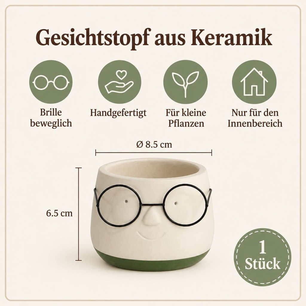 Blumentopf mit Gesicht und Brille Grün, Grün, Ø 8.5 cm, H 6.5 cm – Eigenschaften im Überblick