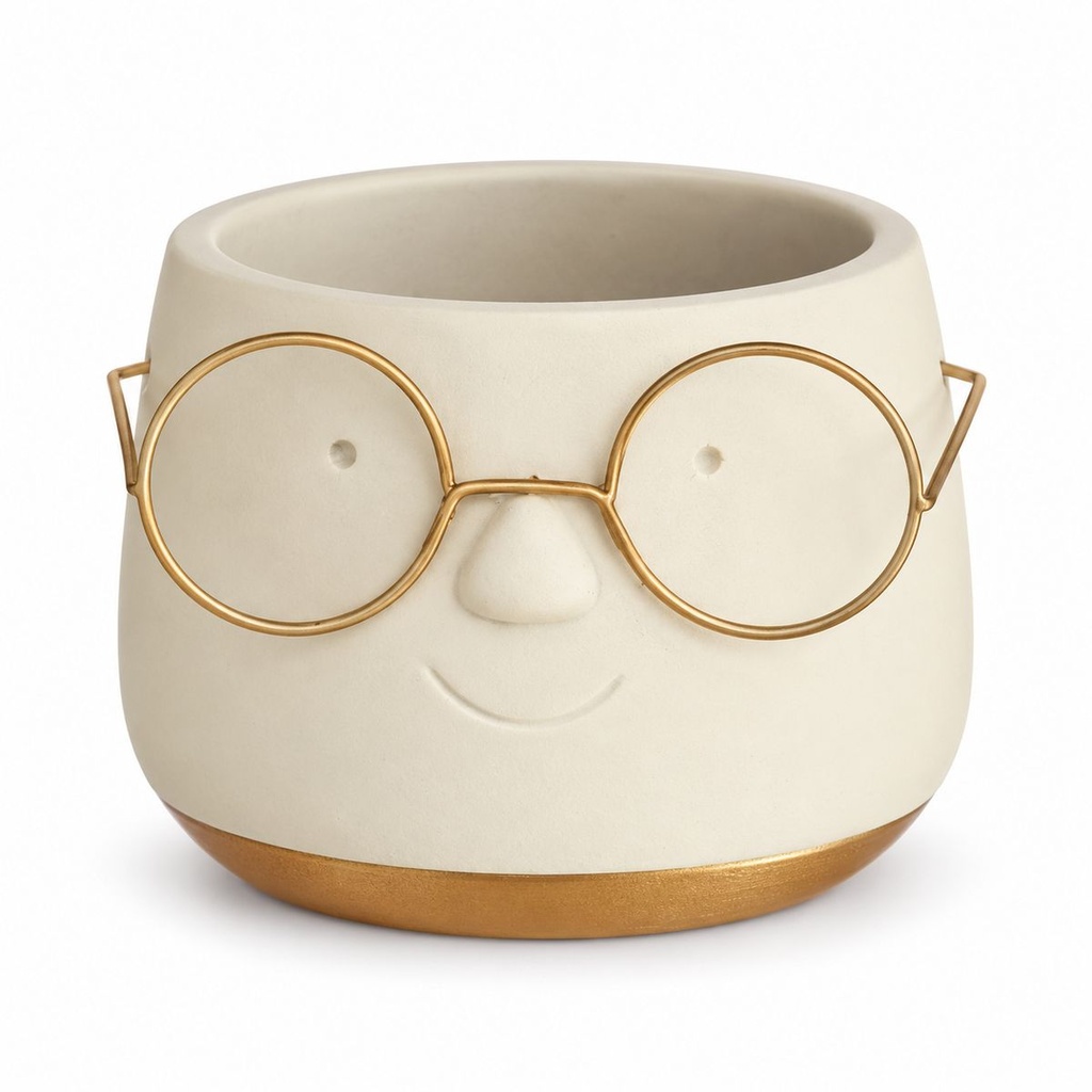 Blumentopf mit Gesicht und Brille Gold, Gold, Ø 8.5 cm, H 6.5 cm – Produktfoto auf weißem Hintergrund