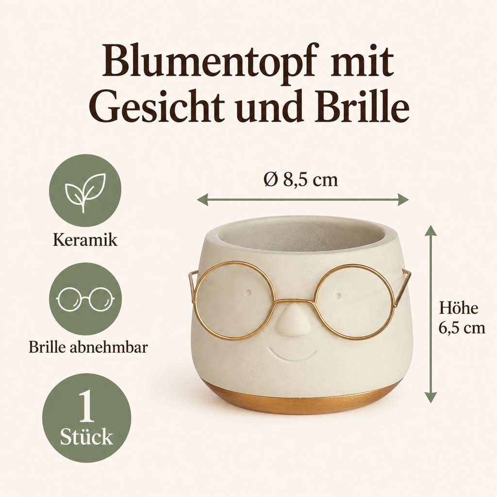 Blumentopf mit Gesicht und Brille Gold, Gold, Ø 8.5 cm, H 6.5 cm – Maße und Liefermenge auf einen Blick