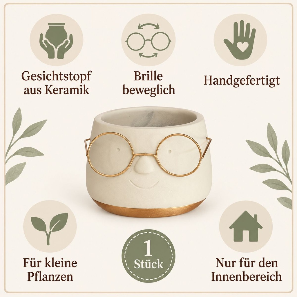Blumentopf mit Gesicht und Brille Gold, Gold, Ø 8.5 cm, H 6.5 cm – Eigenschaften im Überblick