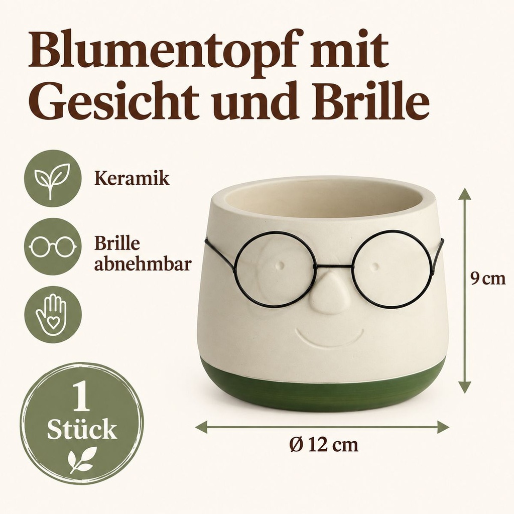 Blumentopf mit Gesicht und Brille Grün, Grün, Ø 12 cm, H 9 cm – Maße und Liefermenge auf einen Blick