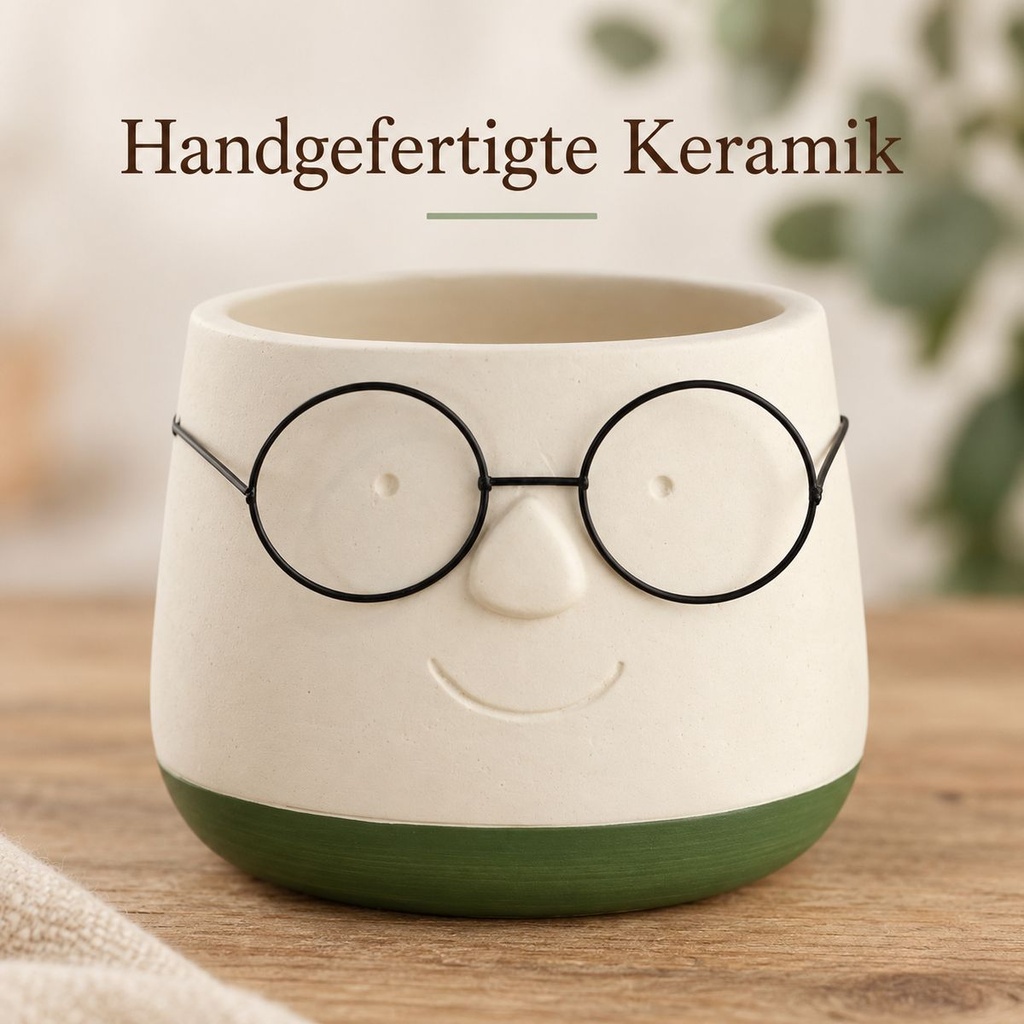 Blumentopf mit Gesicht und Brille Grün, Grün, Ø 12 cm, H 9 cm – Nahaufnahme der Oberfläche
