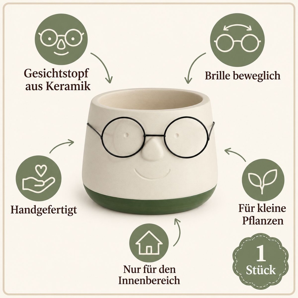 Blumentopf mit Gesicht und Brille Grün, Grün, Ø 12 cm, H 9 cm – Eigenschaften im Überblick