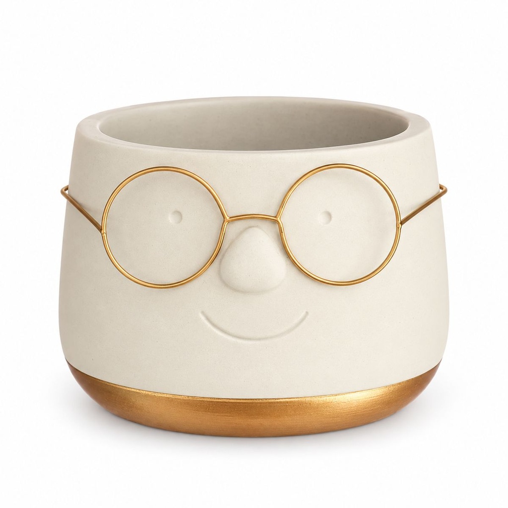Blumentopf mit Gesicht und Brille Gold, Gold, Ø 12 cm, H 9 cm – Produktfoto auf weißem Hintergrund