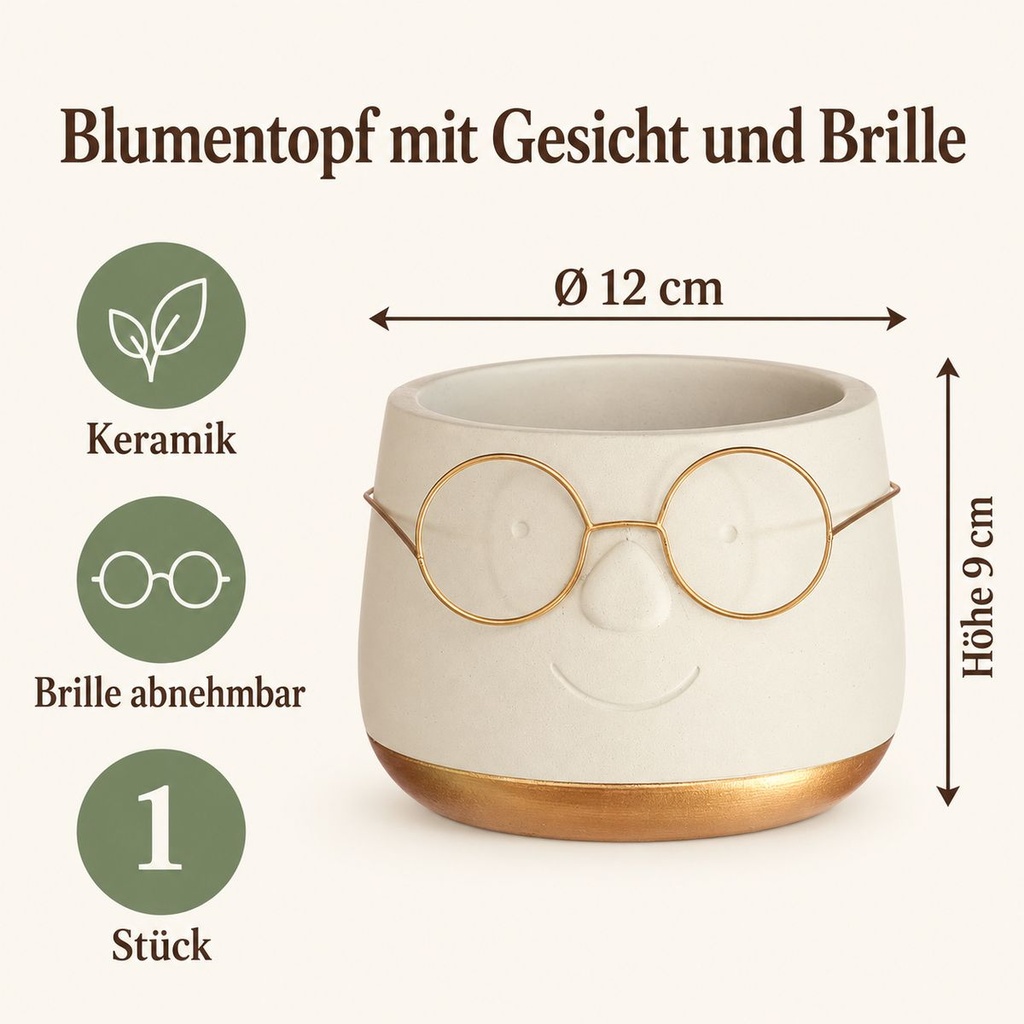 Blumentopf mit Gesicht und Brille Gold, Gold, Ø 12 cm, H 9 cm – Maße und Liefermenge auf einen Blick
