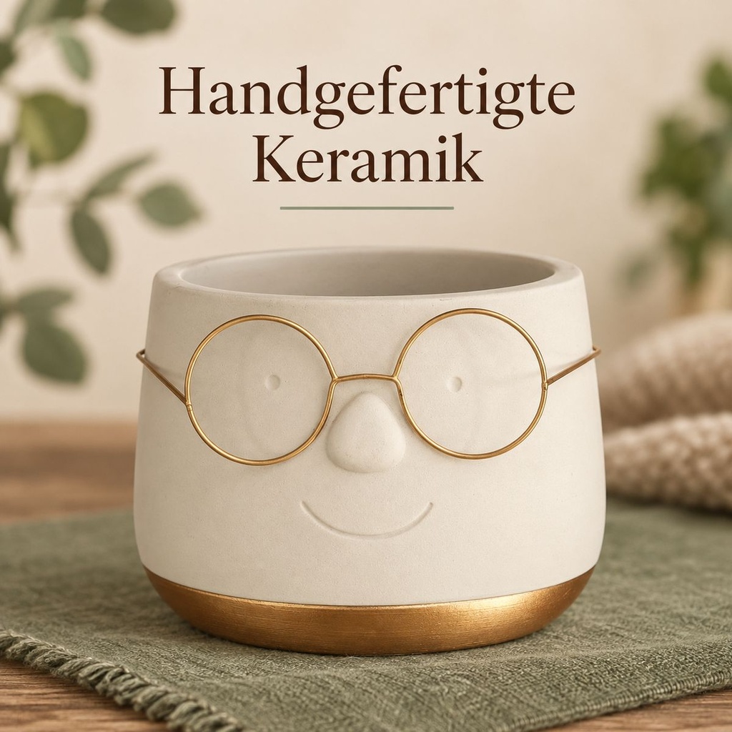 Blumentopf mit Gesicht und Brille Gold, Gold, Ø 12 cm, H 9 cm – Nahaufnahme der Oberfläche