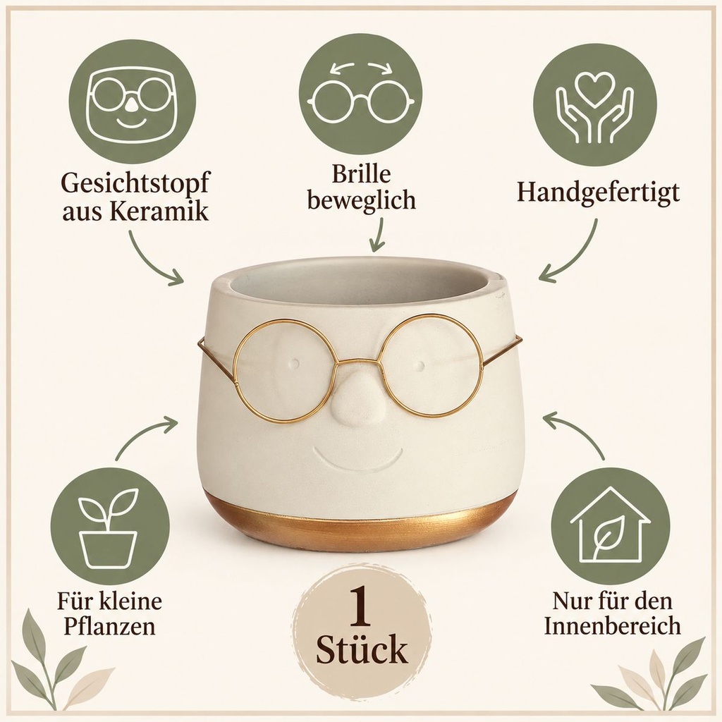 Blumentopf mit Gesicht und Brille Gold, Gold, Ø 12 cm, H 9 cm – Eigenschaften im Überblick