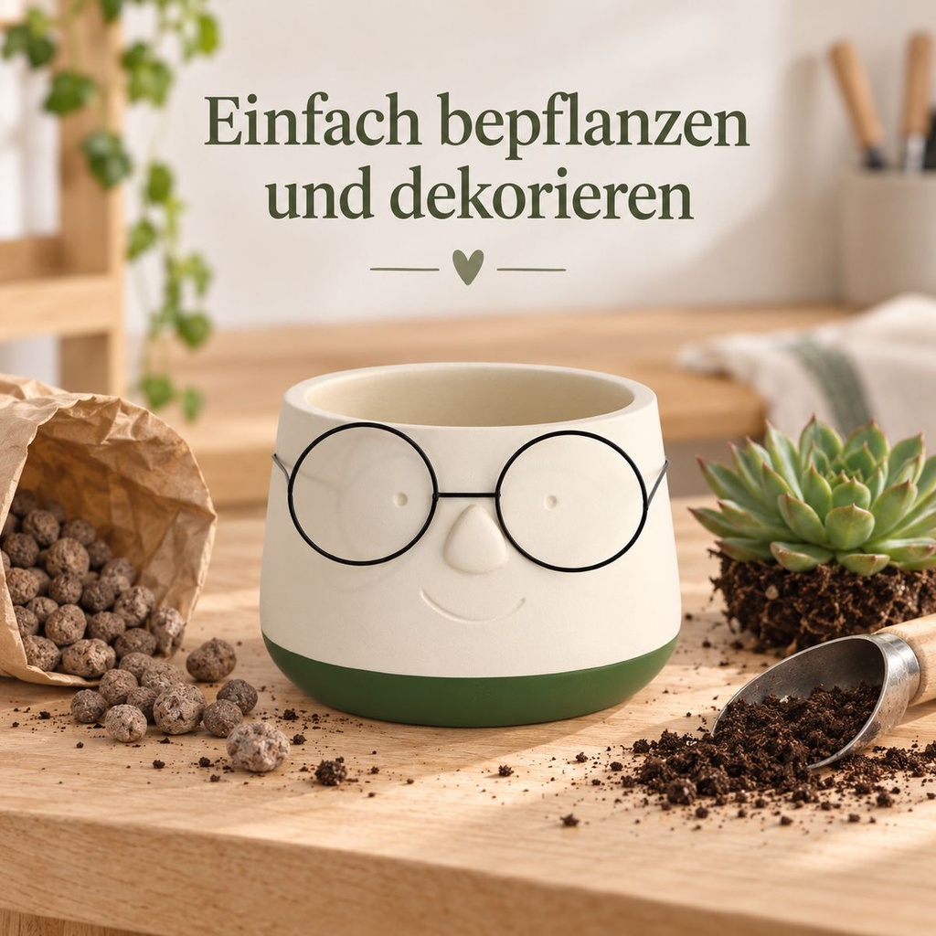 Blumentopf mit Gesicht und Brille Grün, Grün, Ø 13.5 cm, H 10.5 cm – in einer zweiten Verwendung
