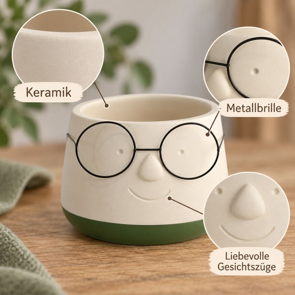 Blumentopf mit Gesicht und Brille Grün, Grün, Ø 13.5 cm, H 10.5 cm – Nahaufnahme der Oberfläche