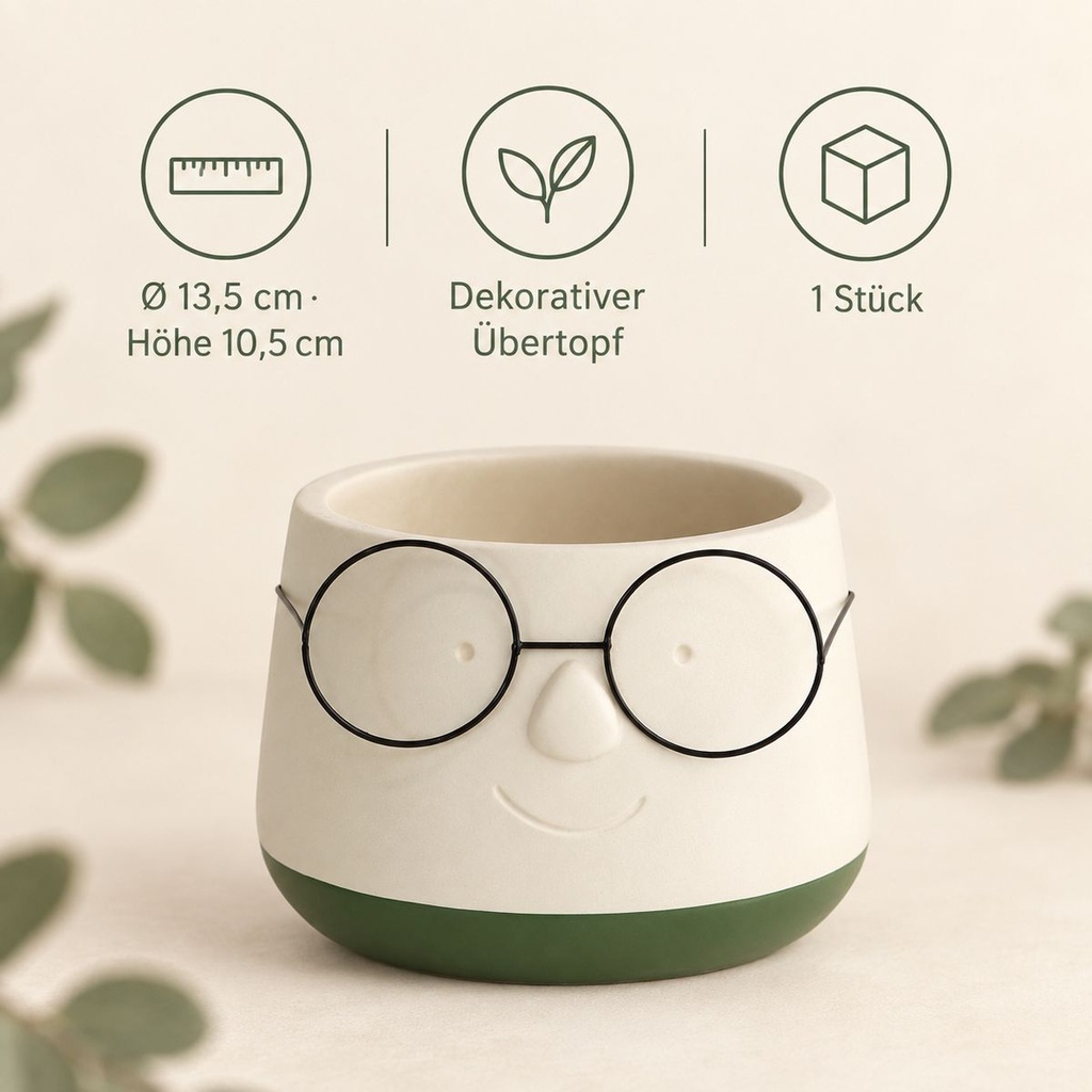 Blumentopf mit Gesicht und Brille Grün, Grün, Ø 13.5 cm, H 10.5 cm – Eigenschaften im Überblick