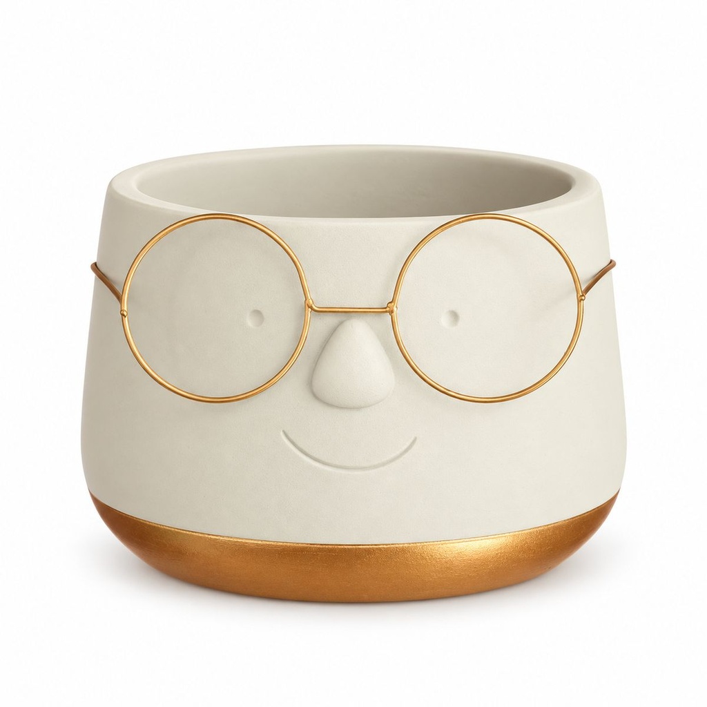 Blumentopf mit Gesicht und Brille Gold, Gold, Ø 13.5 cm, H 10.5 cm – Produktfoto auf weißem Hintergrund