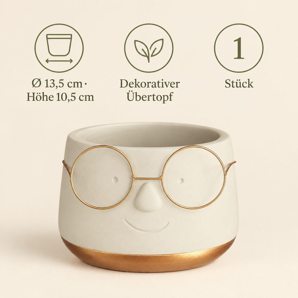 Blumentopf mit Gesicht und Brille Gold, Gold, Ø 13.5 cm, H 10.5 cm – Eigenschaften im Überblick