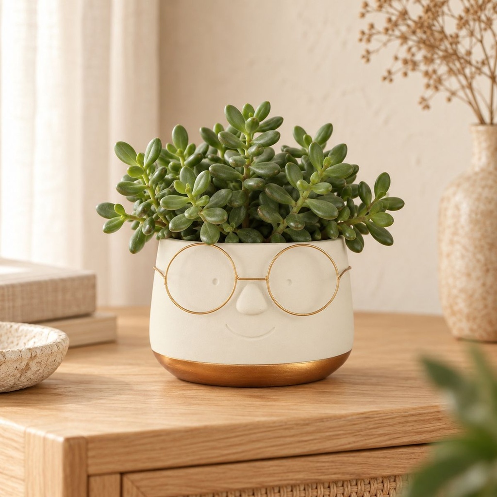 Blumentopf mit Gesicht und Brille Gold, Gold, Ø 13.5 cm, H 10.5 cm – dekoriert im Wohnraum