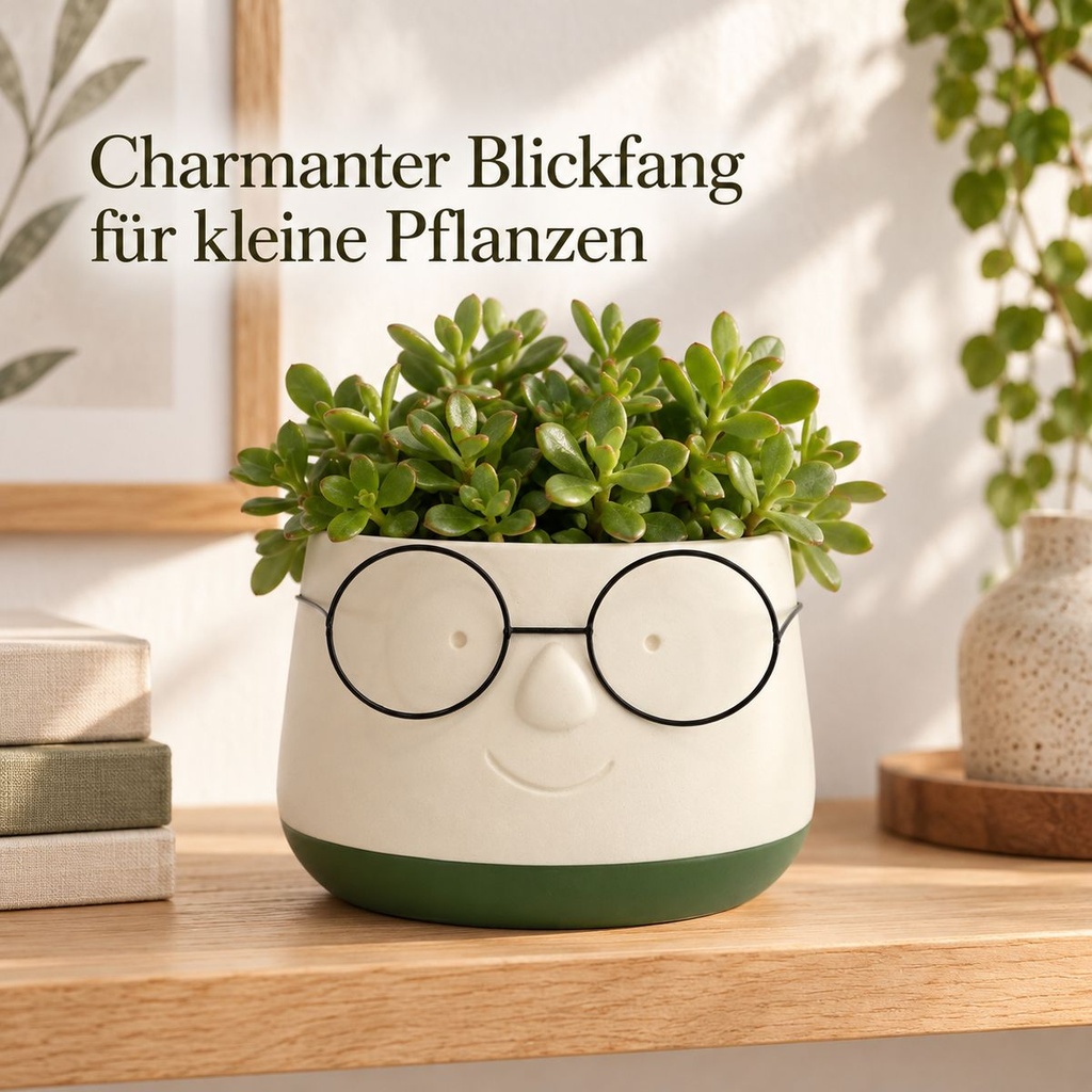 Blumentopf mit Gesicht und Brille Grün, Grün, Ø 16 cm, H 11.5 cm – im Einsatz