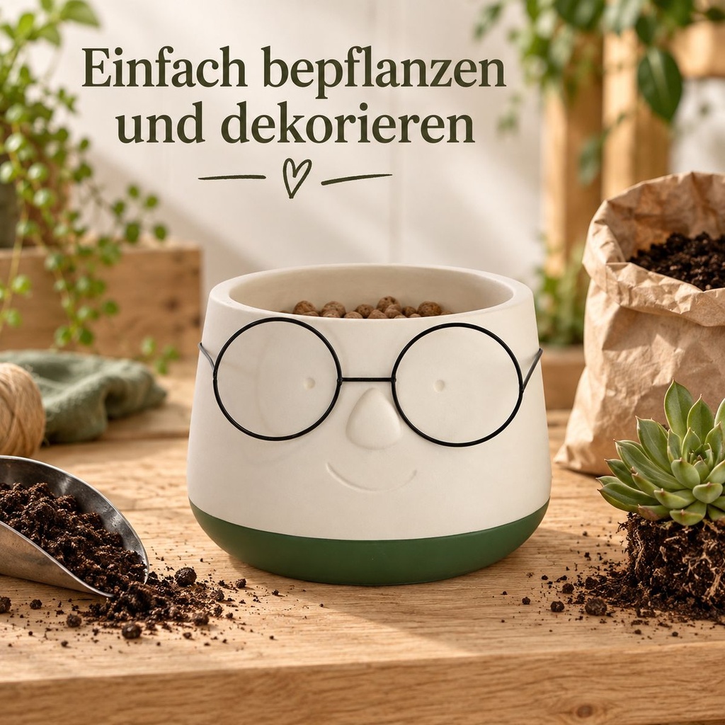 Blumentopf mit Gesicht und Brille Grün, Grün, Ø 16 cm, H 11.5 cm – in einer zweiten Verwendung