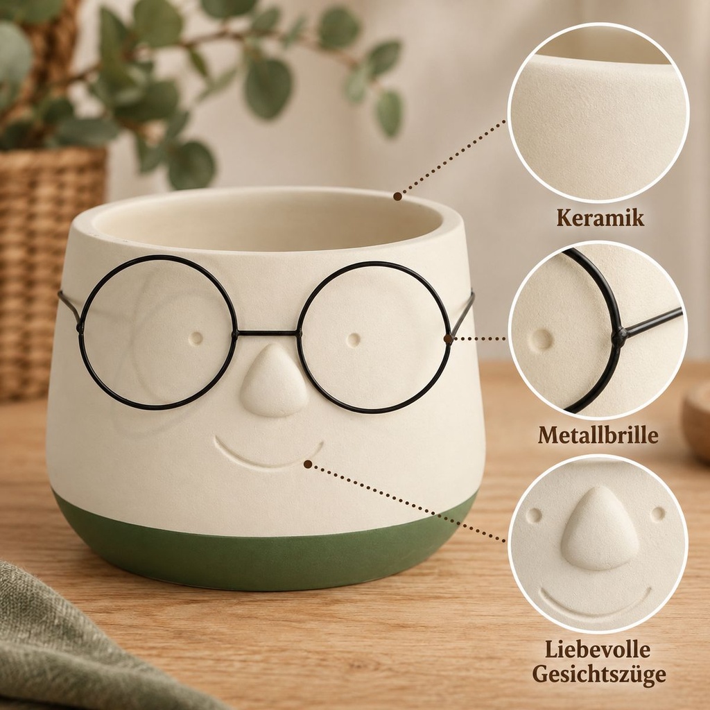 Blumentopf mit Gesicht und Brille Grün, Grün, Ø 16 cm, H 11.5 cm – Nahaufnahme der Oberfläche