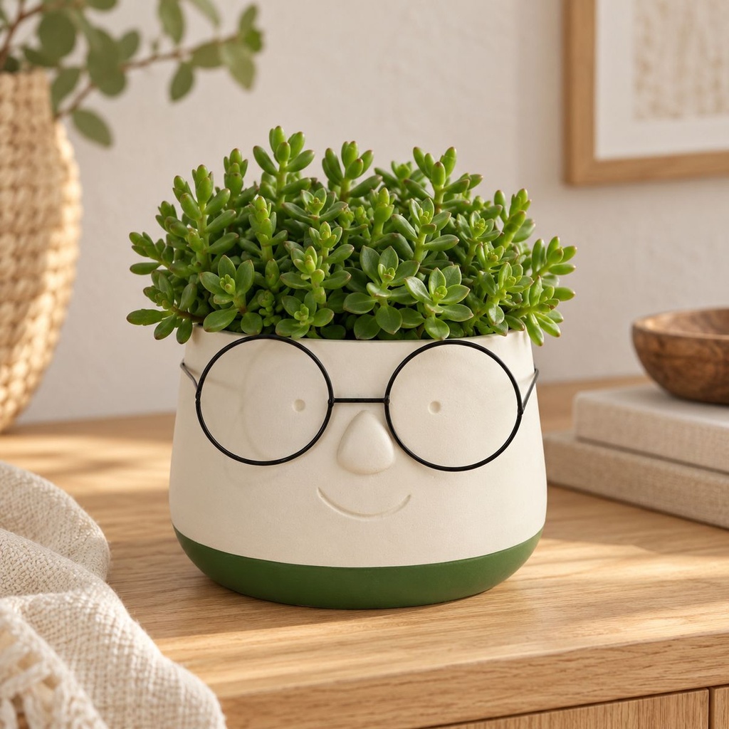 Blumentopf mit Gesicht und Brille Grün, Grün, Ø 16 cm, H 11.5 cm – dekoriert im Wohnraum