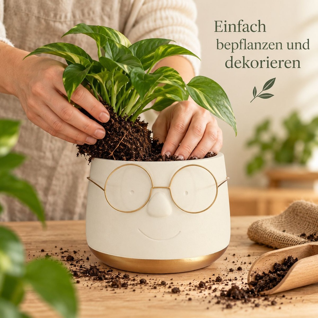 Blumentopf mit Gesicht und Brille Gold, Gold, Ø 16 cm, H 11.5 cm – in einer zweiten Verwendung