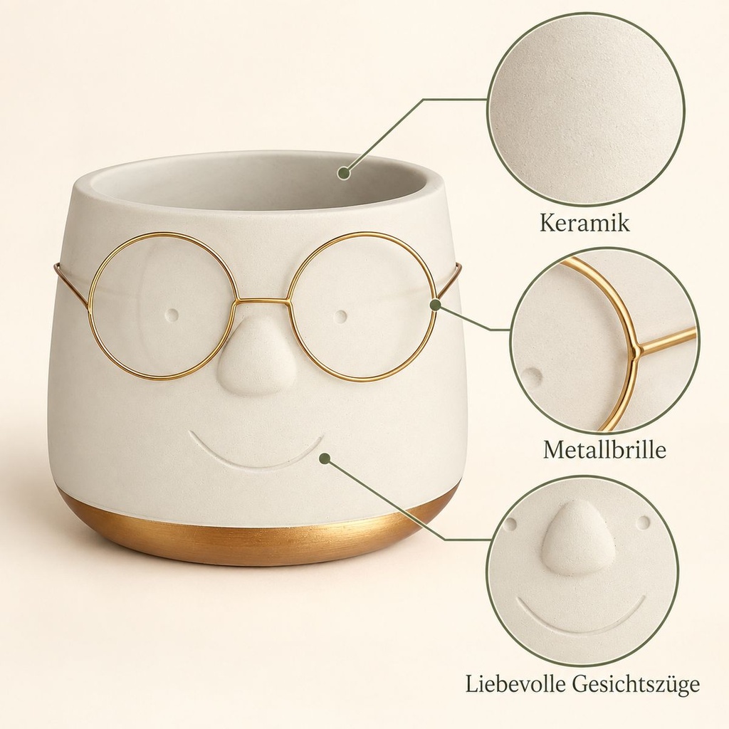 Blumentopf mit Gesicht und Brille Gold, Gold, Ø 16 cm, H 11.5 cm – Nahaufnahme der Oberfläche