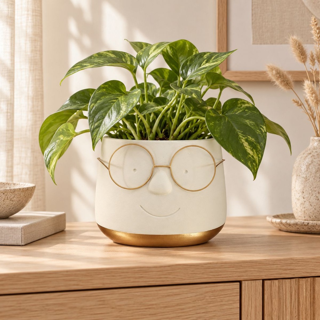 Blumentopf mit Gesicht und Brille Gold, Gold, Ø 16 cm, H 11.5 cm – dekoriert im Wohnraum