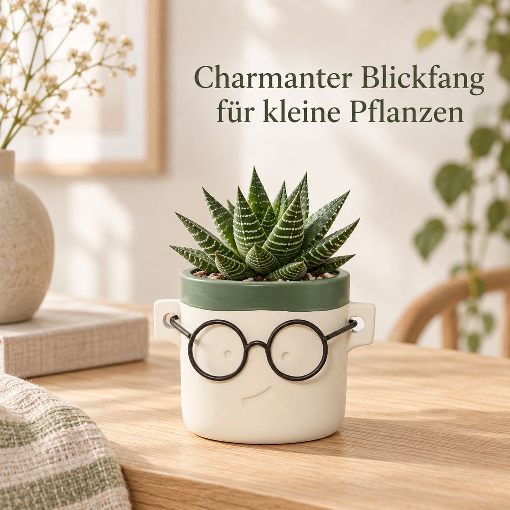 Blumentopf Harry mit Gesicht und Brille Grün, Grün, Ø 7.5 cm, H 7 cm – im Einsatz