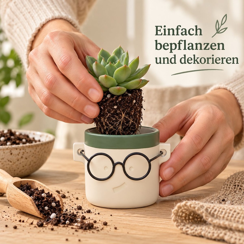 Blumentopf Harry mit Gesicht und Brille Grün, Grün, Ø 7.5 cm, H 7 cm – in einer zweiten Verwendung