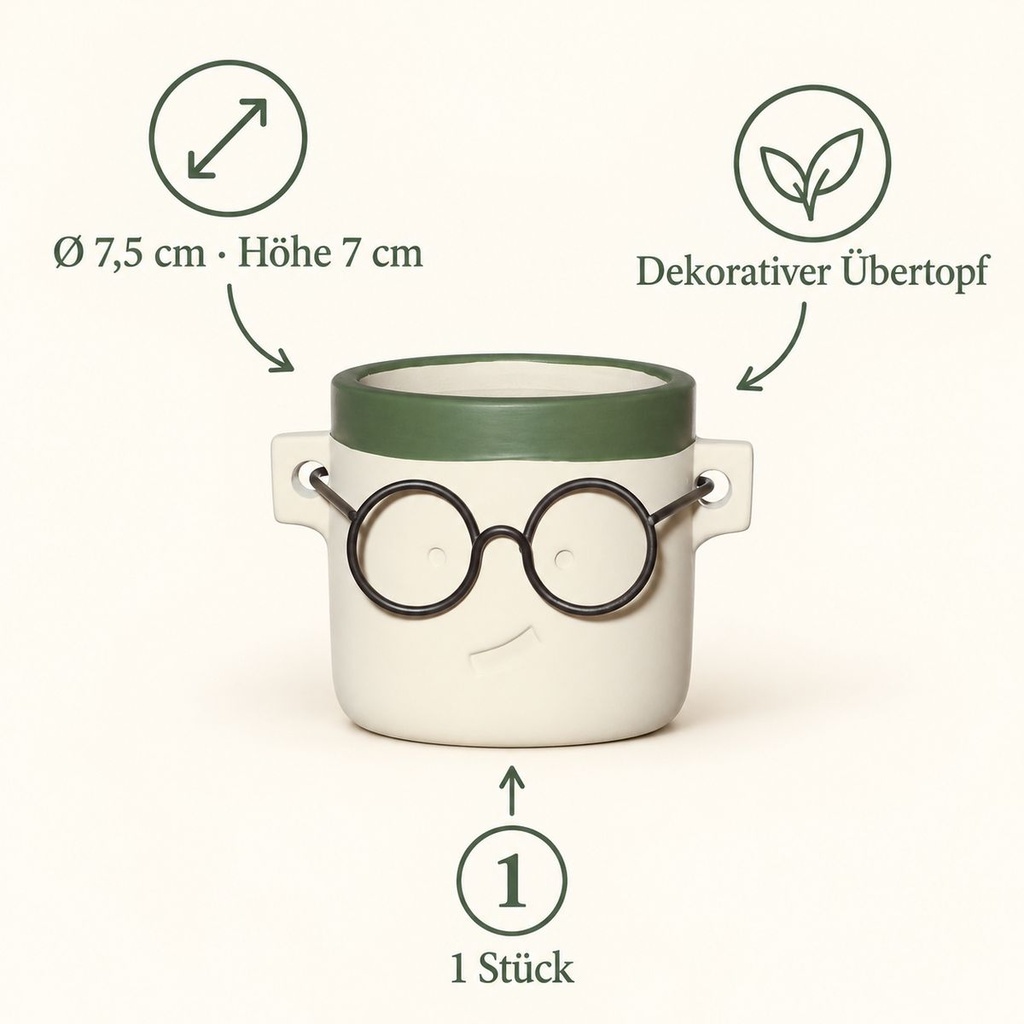 Blumentopf Harry mit Gesicht und Brille Grün, Grün, Ø 7.5 cm, H 7 cm – Eigenschaften im Überblick