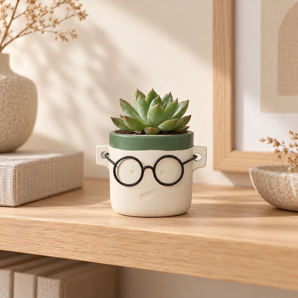 Blumentopf Harry mit Gesicht und Brille Grün, Grün, Ø 7.5 cm, H 7 cm – dekoriert im Wohnraum