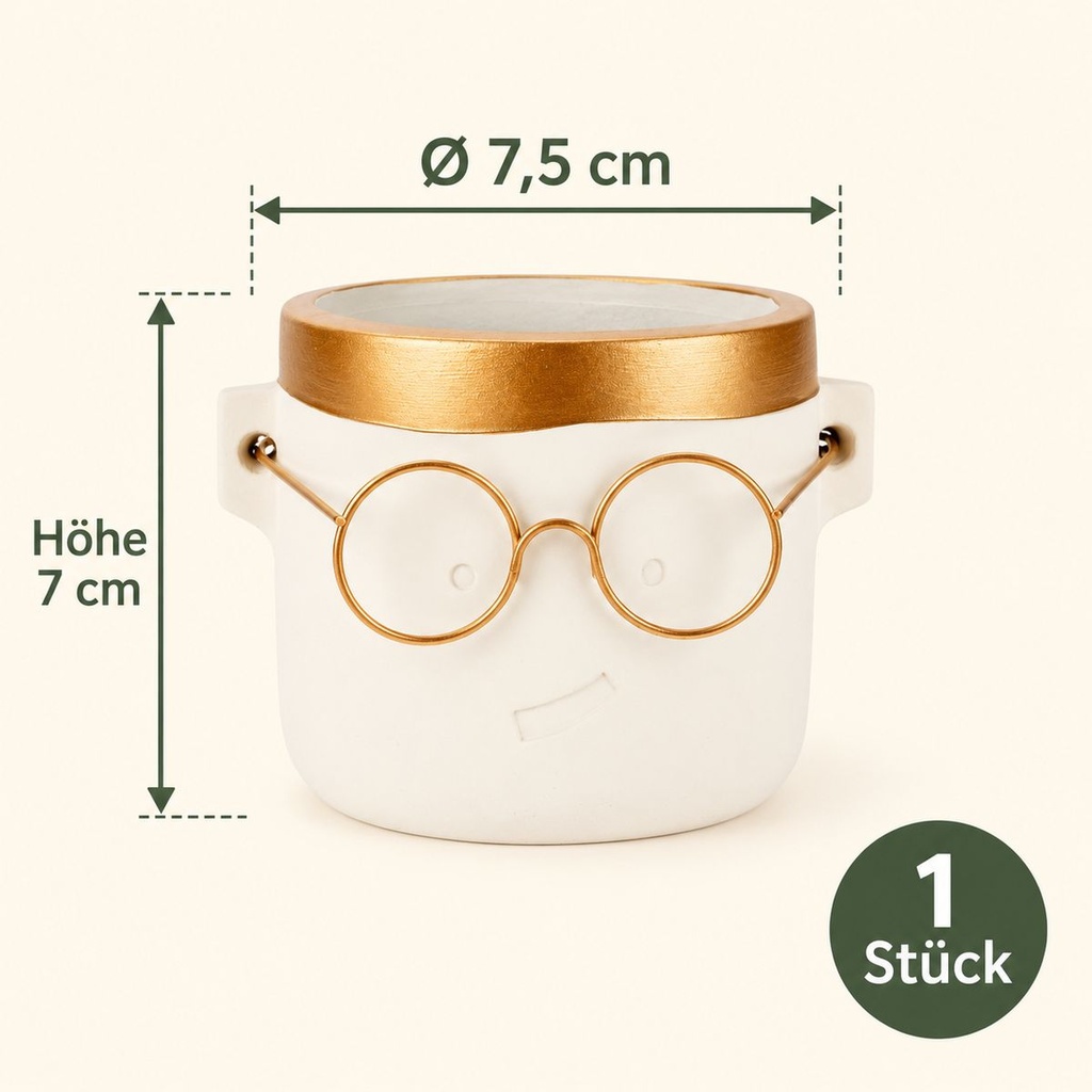 Blumentopf Harry mit Gesicht und Brille Gold, Gold, Ø 7.5 cm, H 7 cm – Maße und Liefermenge auf einen Blick