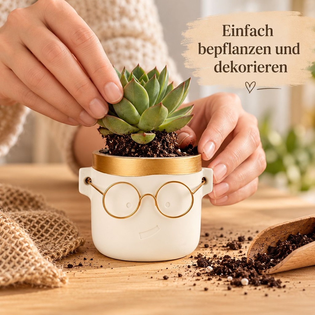 Blumentopf Harry mit Gesicht und Brille Gold, Gold, Ø 7.5 cm, H 7 cm – in einer zweiten Verwendung