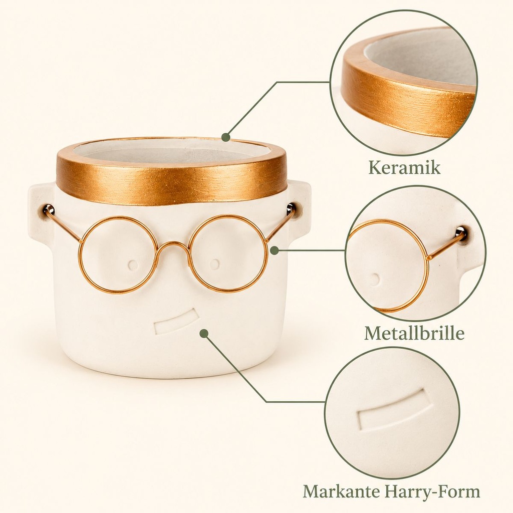 Blumentopf Harry mit Gesicht und Brille Gold, Gold, Ø 7.5 cm, H 7 cm – Nahaufnahme der Oberfläche