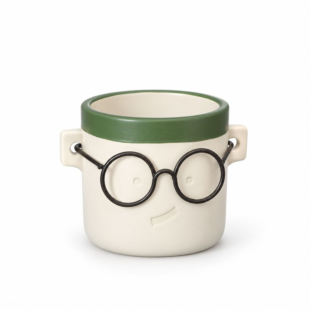 Blumentopf Harry mit Gesicht und Brille Grün, Grün, Ø 10 cm, H 10 cm – Produktfoto auf weißem Hintergrund