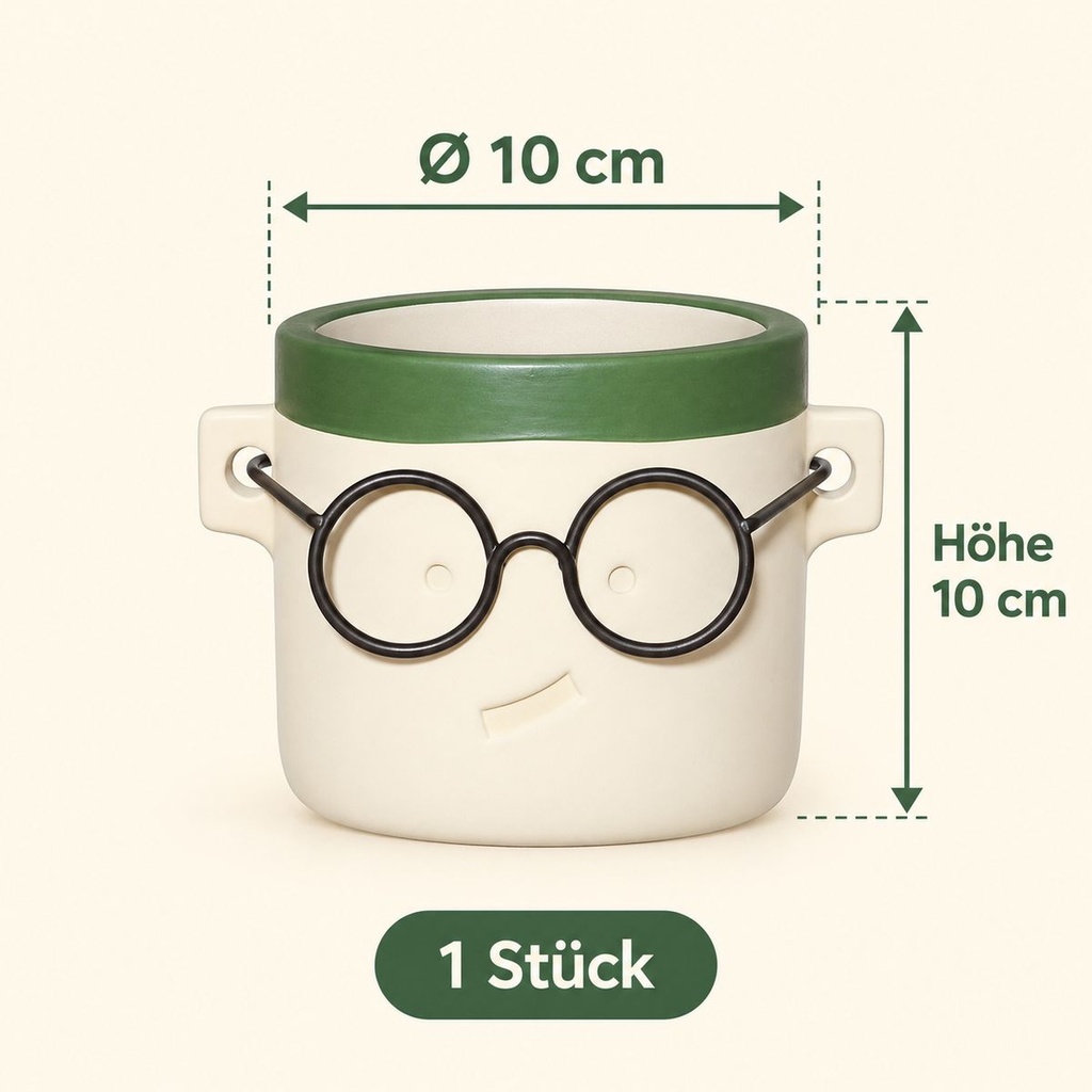 Blumentopf Harry mit Gesicht und Brille Grün, Grün, Ø 10 cm, H 10 cm – Maße und Liefermenge auf einen Blick