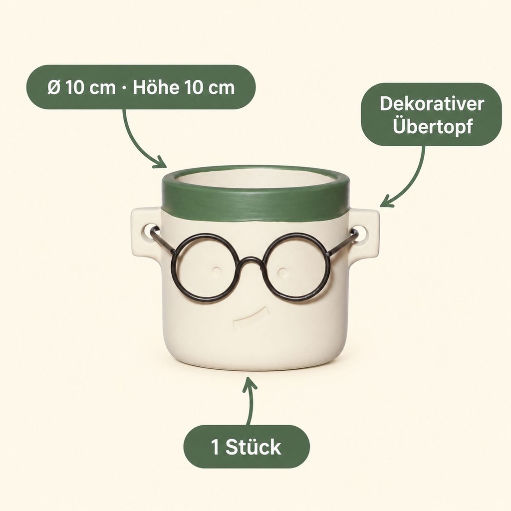 Blumentopf Harry mit Gesicht und Brille Grün, Grün, Ø 10 cm, H 10 cm – Eigenschaften im Überblick