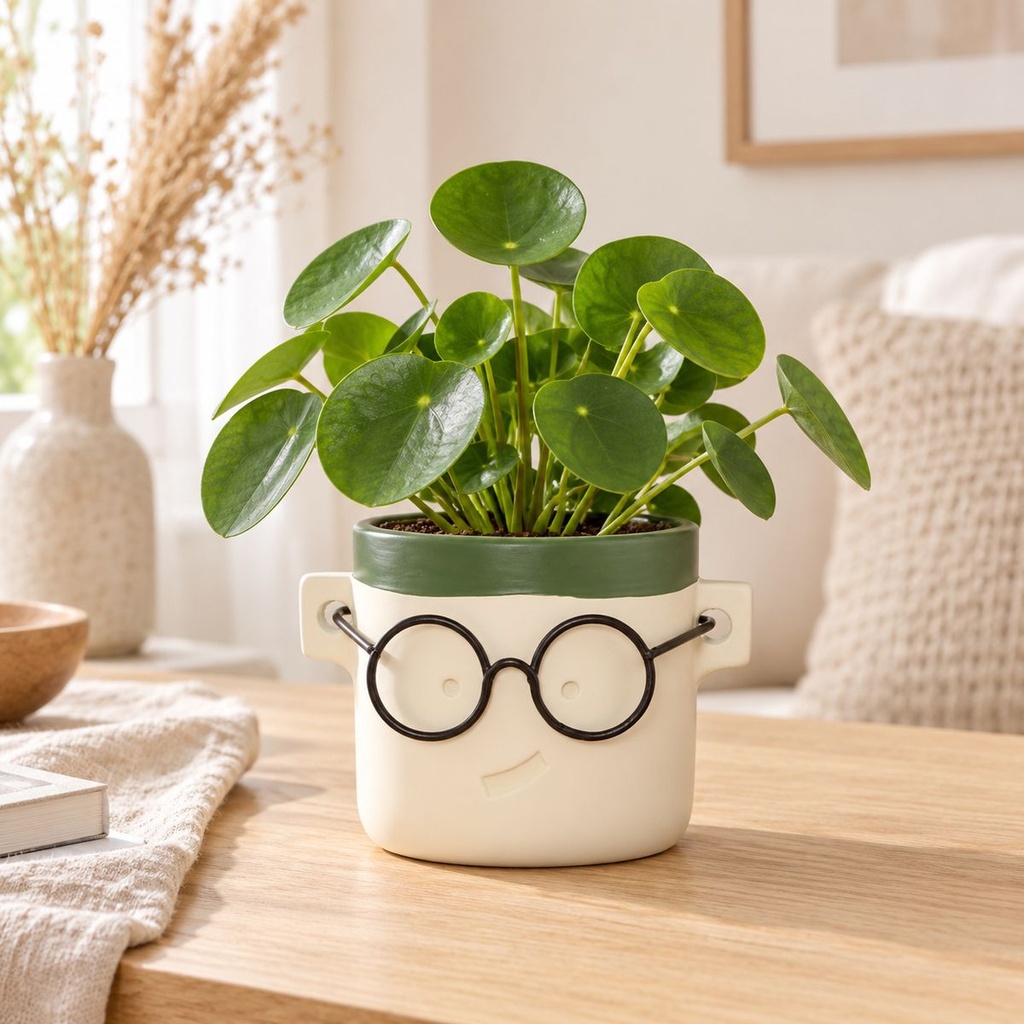 Blumentopf Harry mit Gesicht und Brille Grün, Grün, Ø 10 cm, H 10 cm – dekoriert im Wohnraum