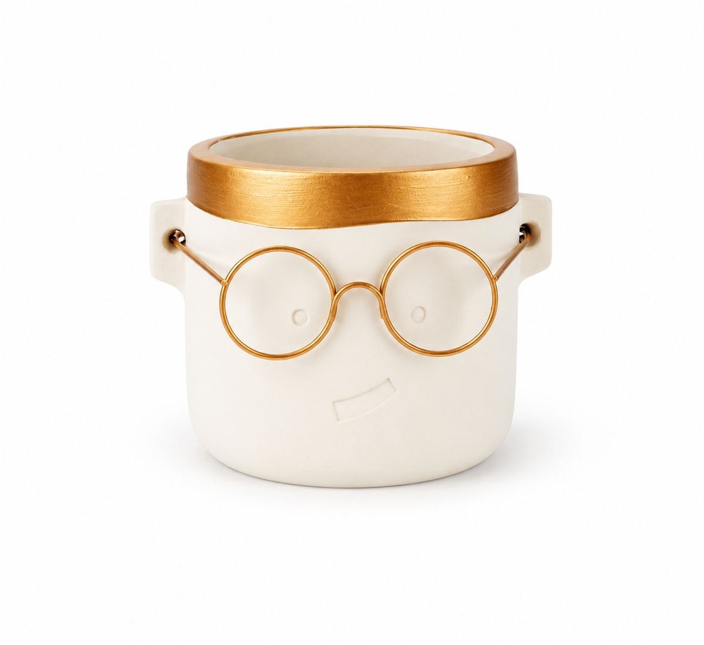 Blumentopf Harry mit Gesicht und Brille Gold, Gold, Ø 10 cm, H 10 cm – Produktfoto auf weißem Hintergrund