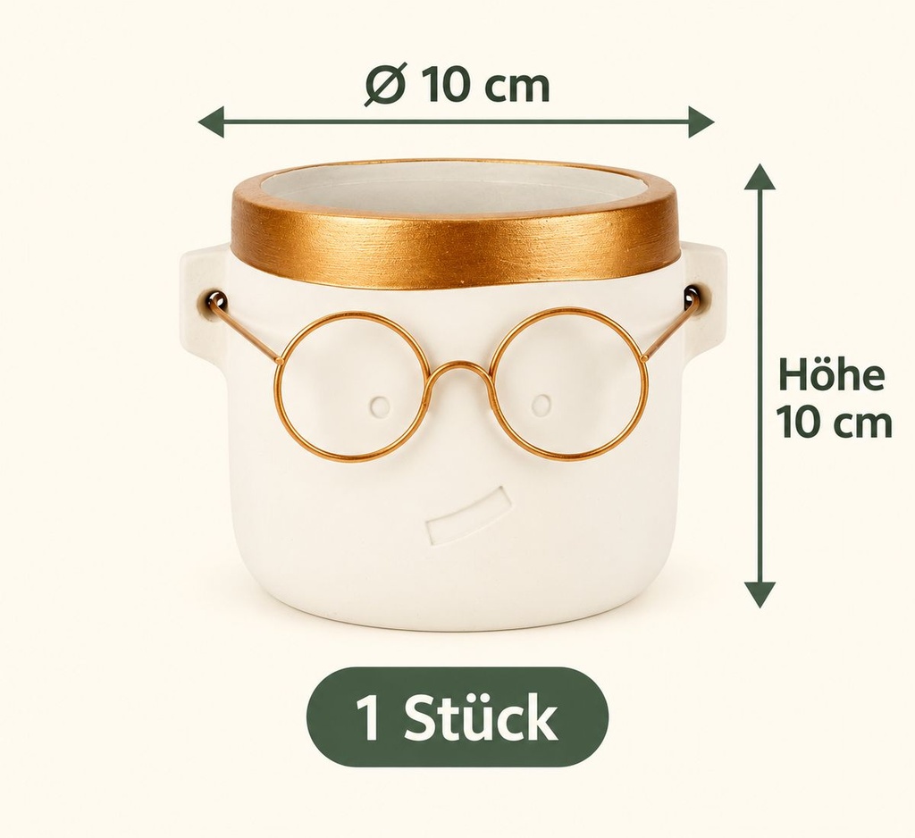 Blumentopf Harry mit Gesicht und Brille Gold, Gold, Ø 10 cm, H 10 cm – Maße und Liefermenge auf einen Blick