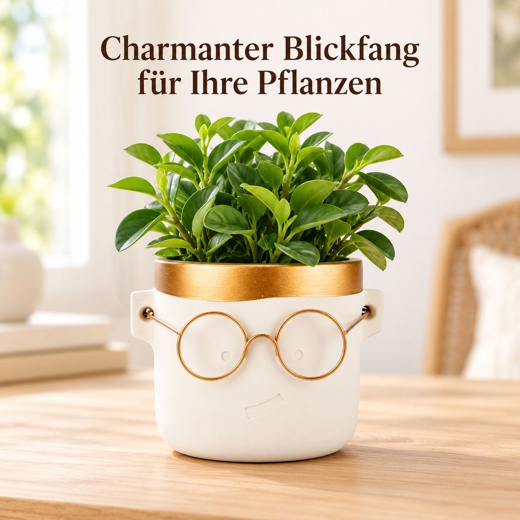 Blumentopf Harry mit Gesicht und Brille Gold, Gold, Ø 10 cm, H 10 cm – im Einsatz