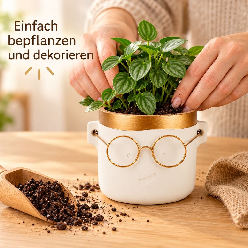 Blumentopf Harry mit Gesicht und Brille Gold, Gold, Ø 10 cm, H 10 cm – in einer zweiten Verwendung