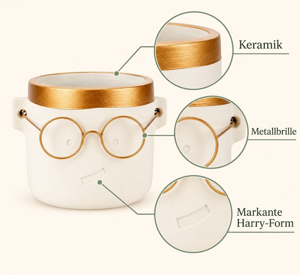 Blumentopf Harry mit Gesicht und Brille Gold, Gold, Ø 10 cm, H 10 cm – Nahaufnahme der Oberfläche
