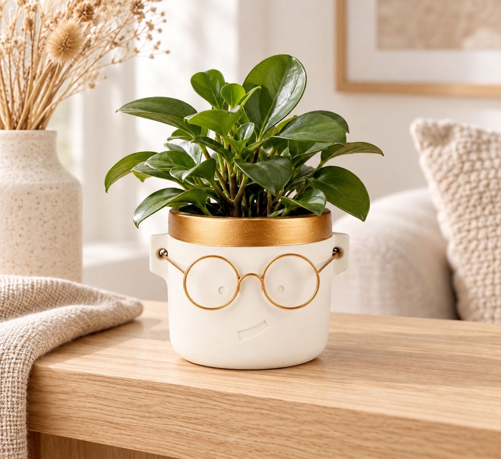 Blumentopf Harry mit Gesicht und Brille Gold, Gold, Ø 10 cm, H 10 cm – dekoriert im Wohnraum