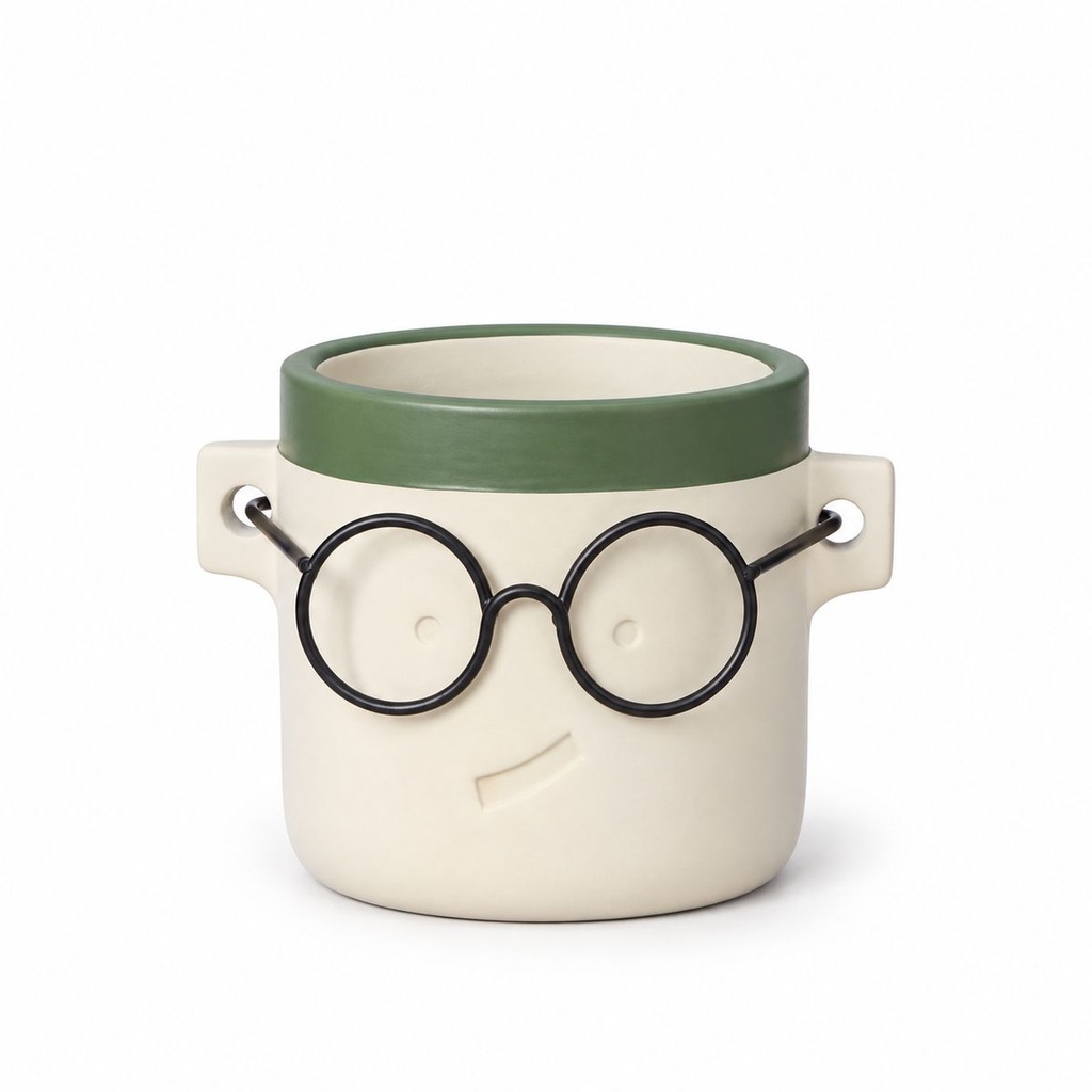 Blumentopf Harry mit Gesicht und Brille Grün, Grün, Ø 12 cm, H 11.5 cm – Produktfoto auf weißem Hintergrund