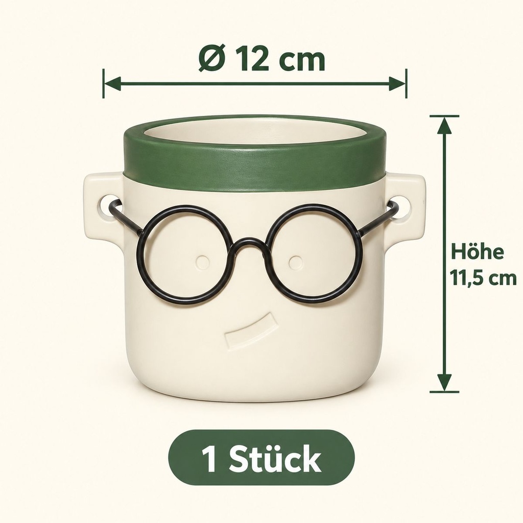 Blumentopf Harry mit Gesicht und Brille Grün, Grün, Ø 12 cm, H 11.5 cm – Maße und Liefermenge auf einen Blick