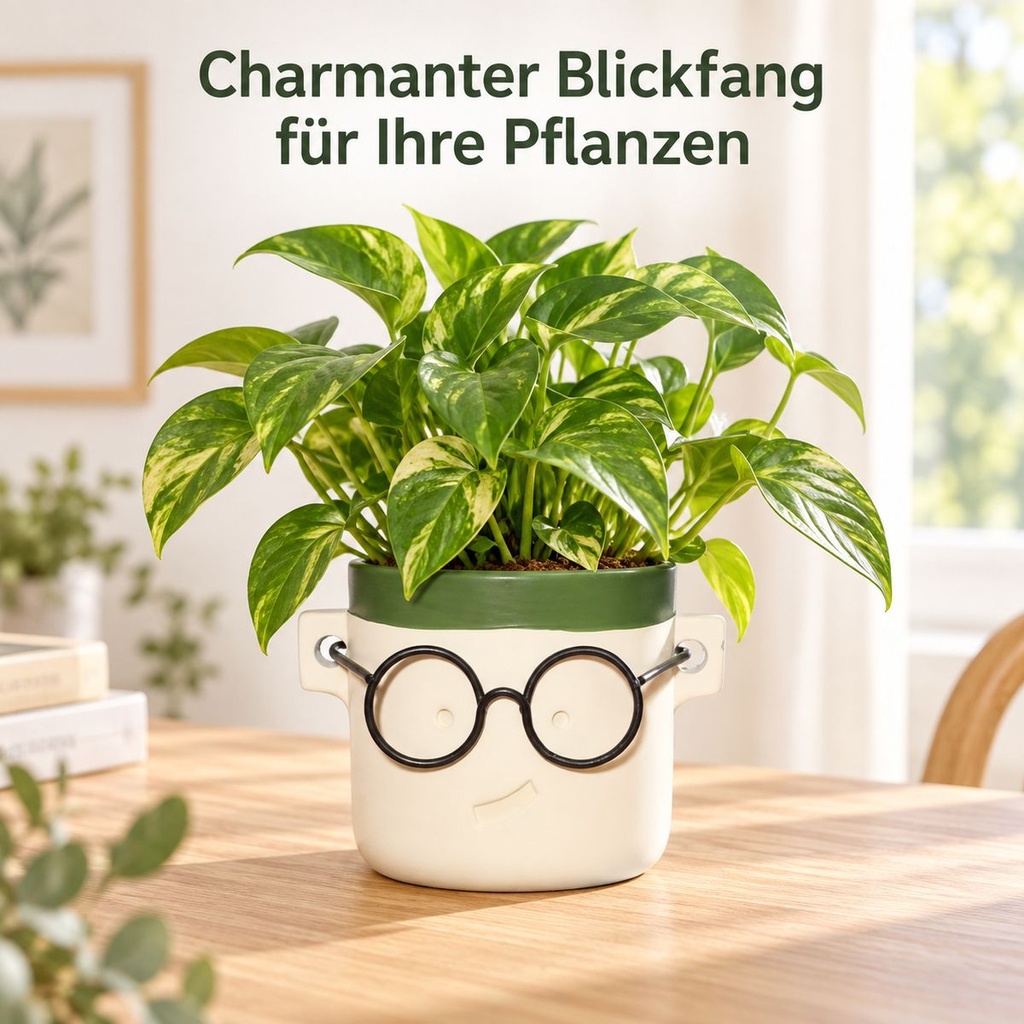 Blumentopf Harry mit Gesicht und Brille Grün, Grün, Ø 12 cm, H 11.5 cm – im Einsatz